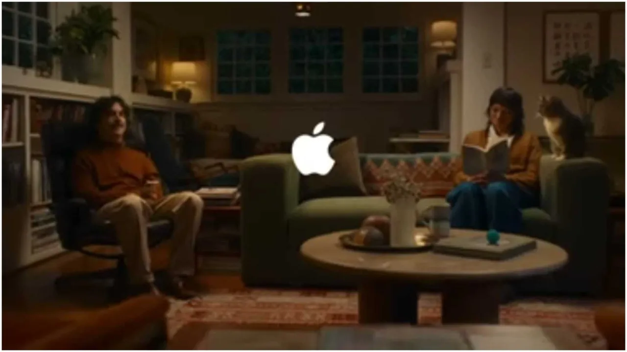 Apple Intelligence ad with an iPhone 16, featuring a woman, man, and cat, demonstrating AI photo editing