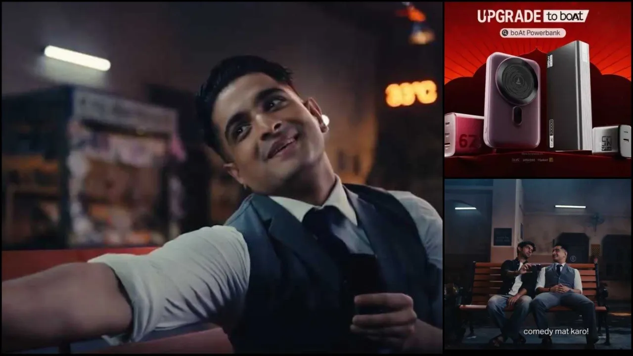 A photo of Ranveer Allahbadia in the boAt ad, featuring the power bank. He is dressed in the horror-parody style of the ad, possibly with a spooky expression. The