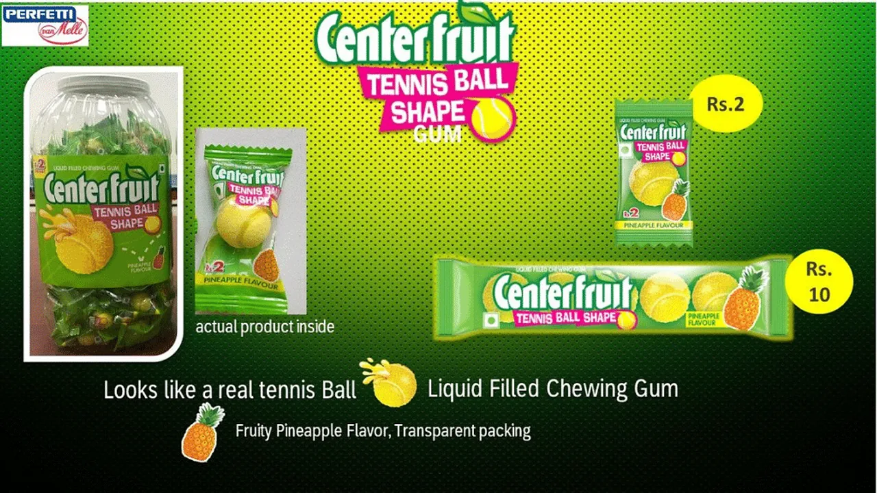 Center Fruit serves tennis ball-shaped chewing gum in transparent packaging