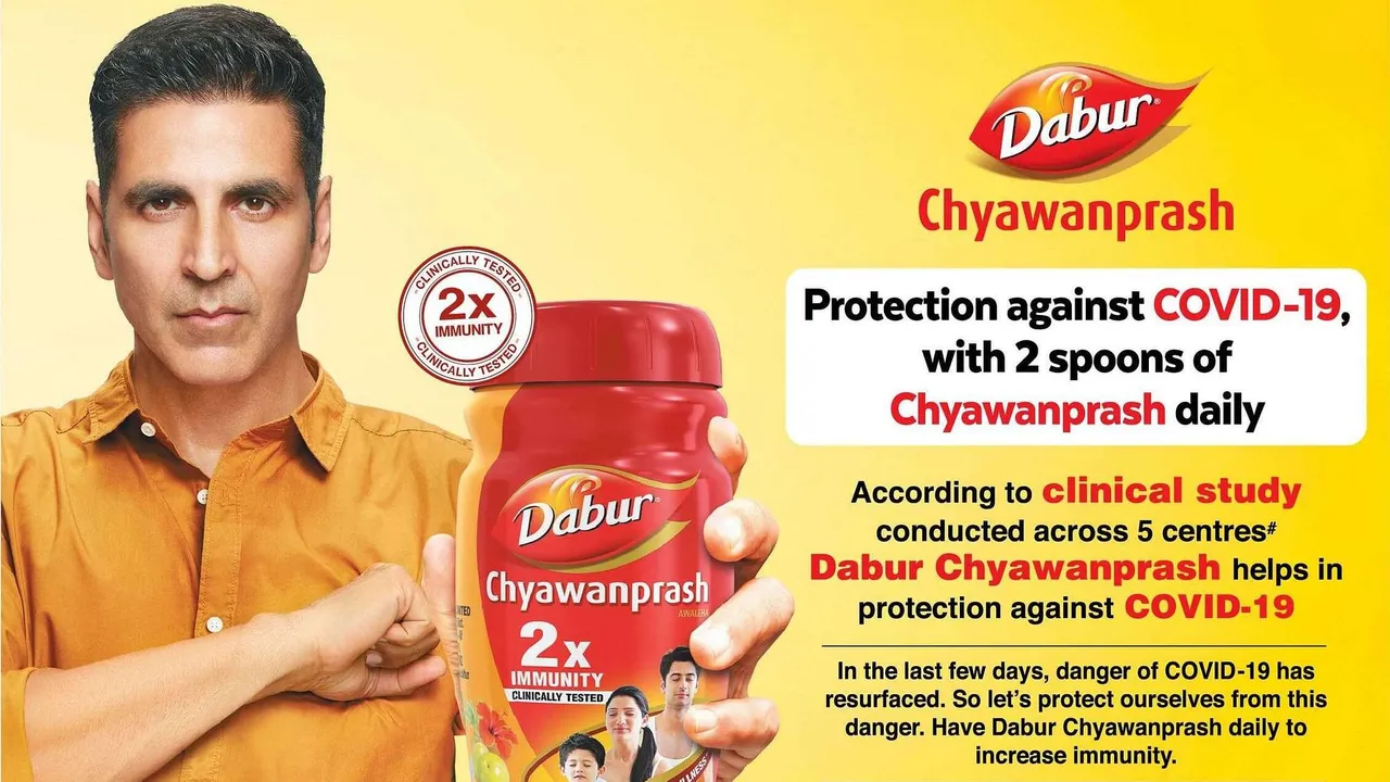 Dabur ad says, "Protection against COVID-19 with 2 spoons of Chyawanprash daily"