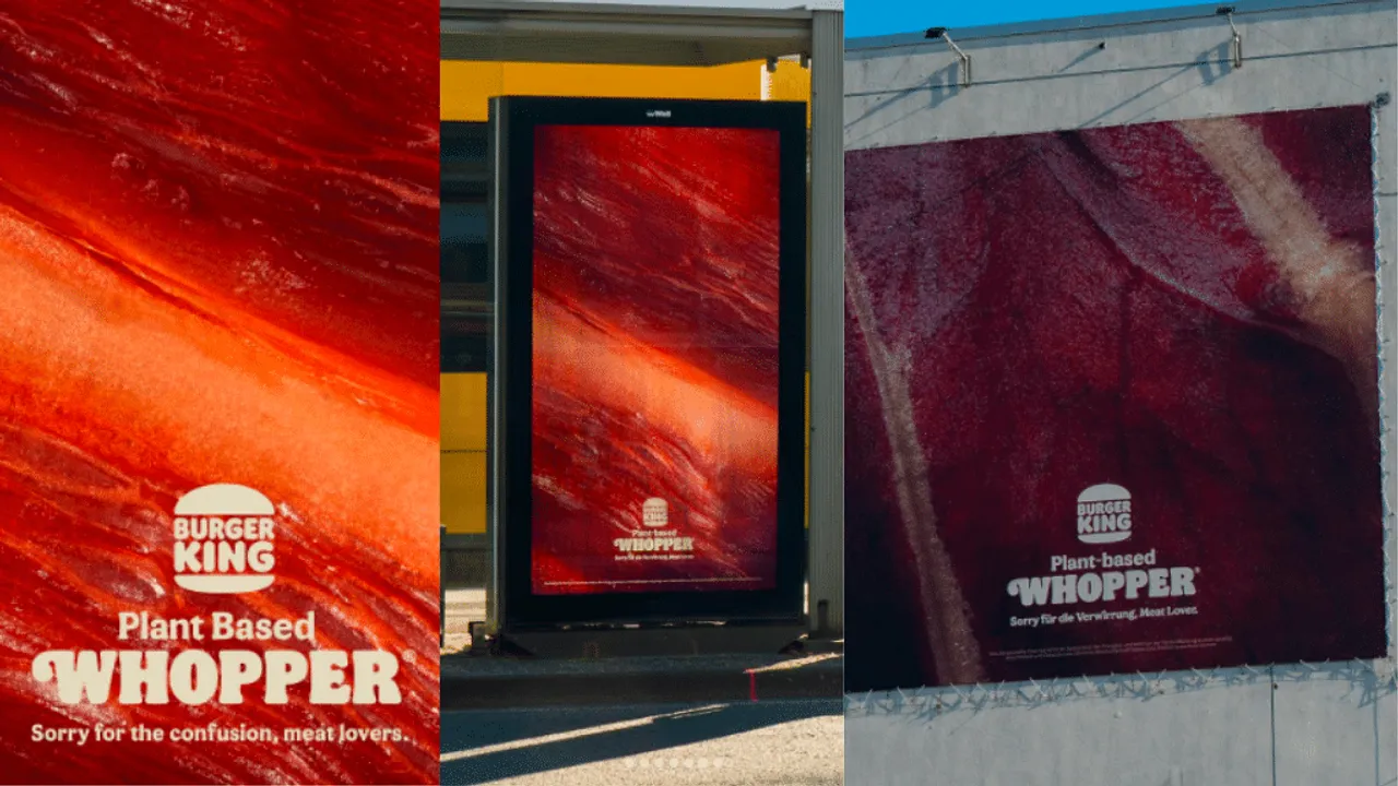 Burger King, to lure meat lovers to its plant-based Whopper, masquerades close-up shots of veggies as meat