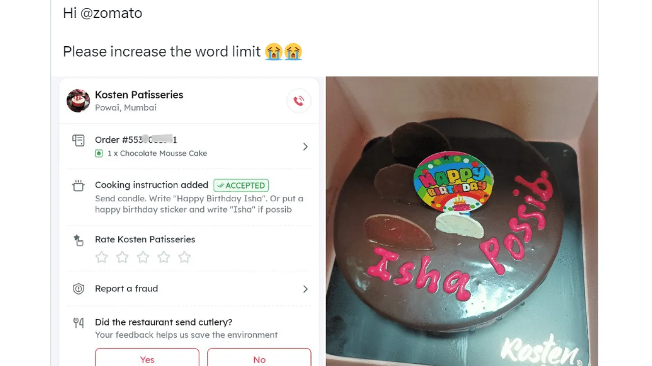 Zomato faces word limit woes: Mumbai man's cake order goes comically wrong