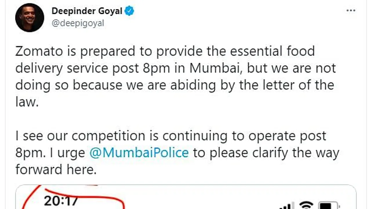 Zomato's Deepinder Goyal tweets to Mumbai Police about Swiggy's late-night delivery