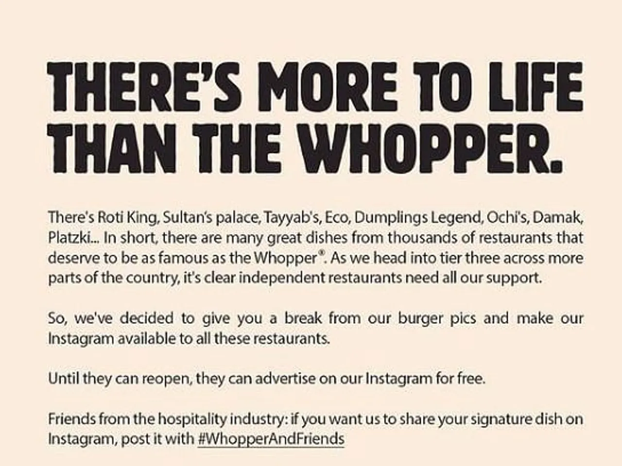 Burger King is allowing local independent restaurants to use its Instagram 