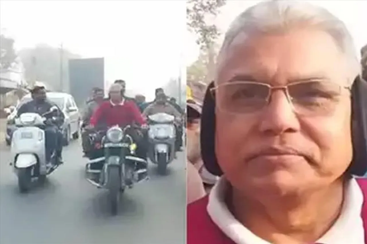 শীত আটকাতে কানপট্টি, মাথা বাঁচাতে হেলমেট কই দিলীপ ঘোষের মাথায়?