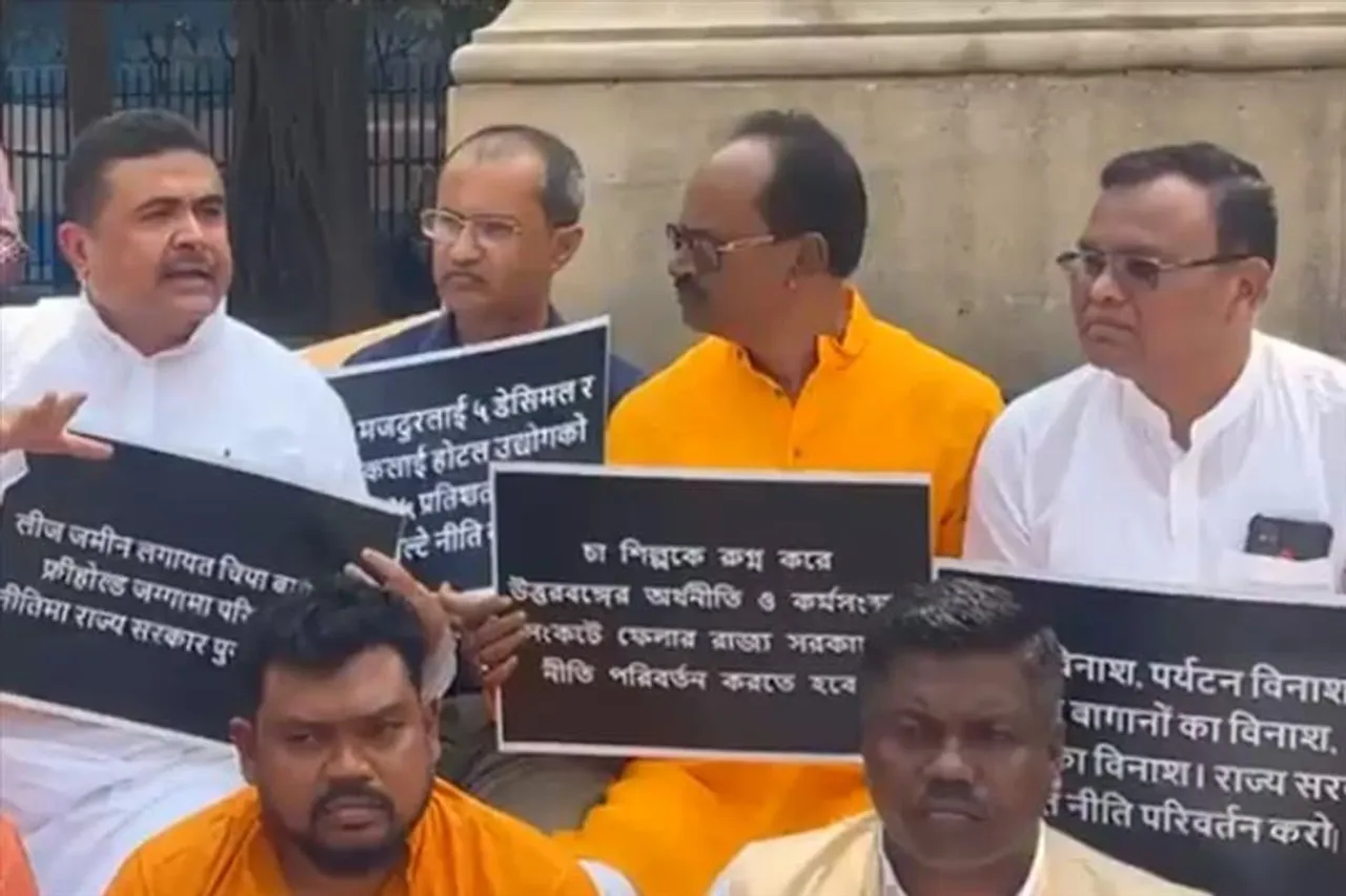 BJP MLAs protest under the leadership of Suvendu Adhikari outside the assembly