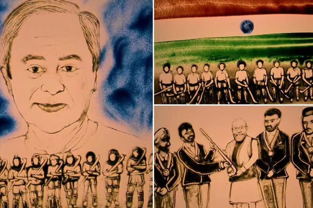 Manas Sahoo made a sand sculpture on the occasion of the Hockey World Cup.