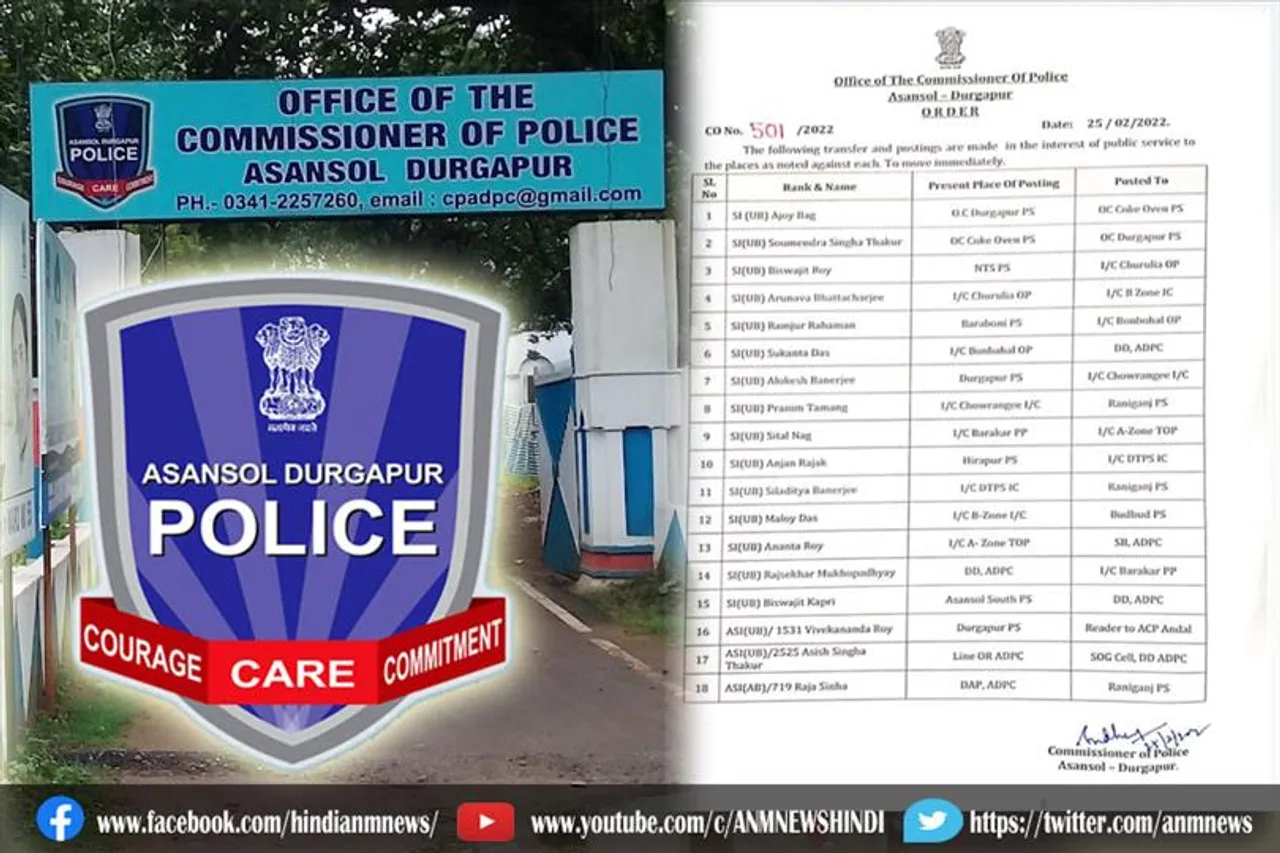 आसनसोल दुर्गापुर पुलिस कमिश्नर के सब-इंस्पेक्टरों का फेरबदल