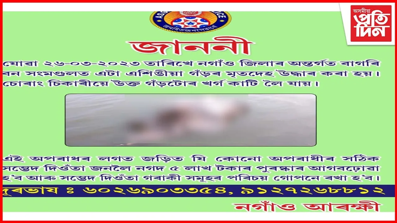 বাগৰিৰ গড় হত্যাৰ লগত জড়িত অপৰাধীৰ সন্ধান দিওঁতালৈ নগাঁও আৰক্ষীৰ পুৰস্কাৰ ঘোষণা