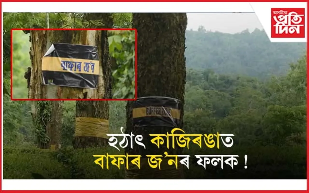 কাজিৰঙাৰ কাষৰীয়া হাতীখুলি চাহ বাগিছাৰ গছত বাফাৰ জ’নৰ ফলক...