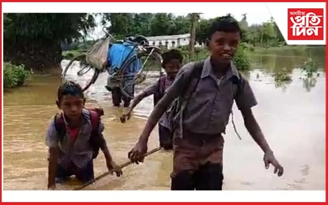নামতিৰ ৩খনকৈ বিদ্যালয়লৈ অহা-যোৱা কৰা একমাত্ৰ পথ এতিয়া পানীৰ তলত