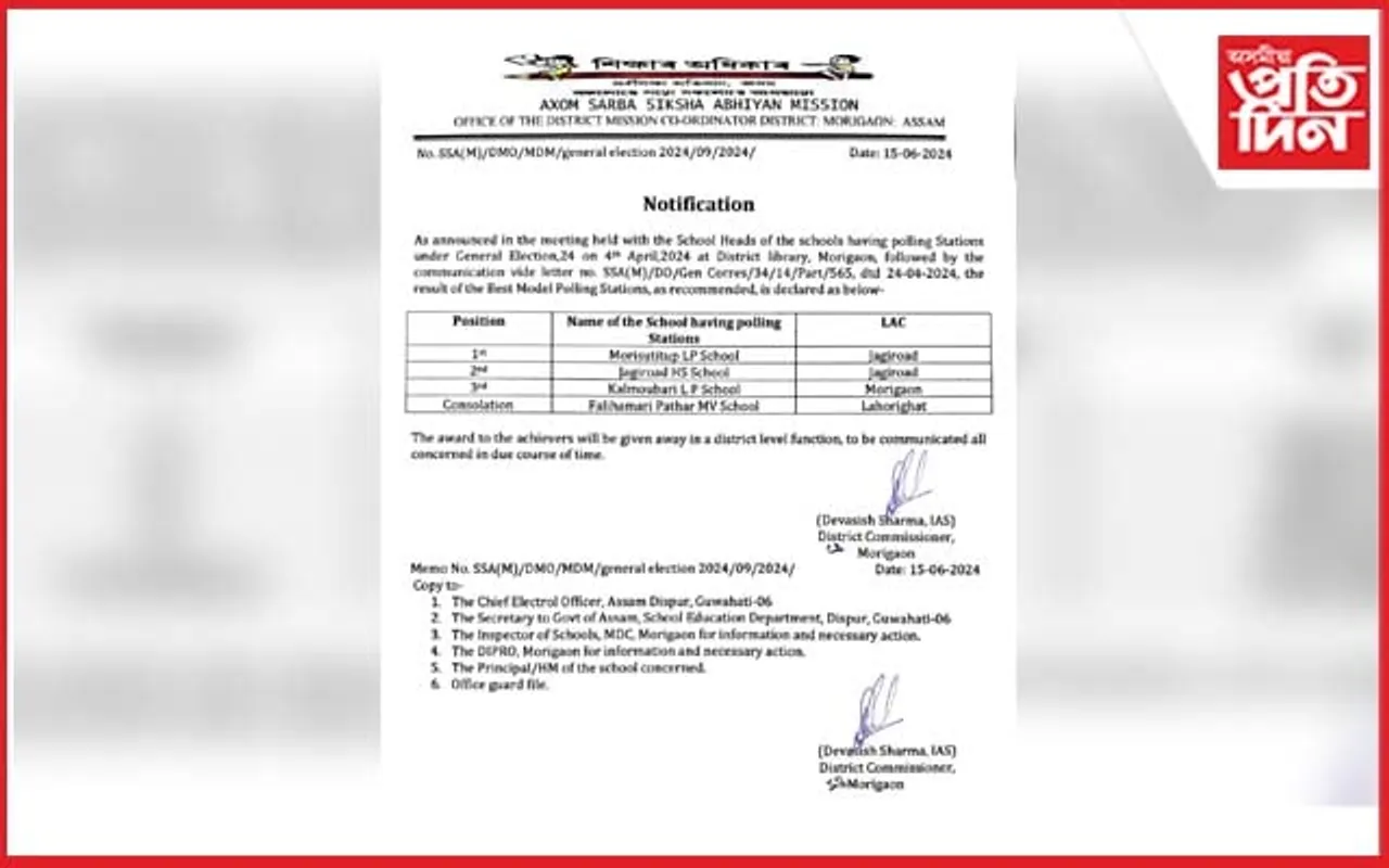 আদৰ্শ ভোটকেন্দ্ৰ হিচাপে প্ৰথম স্থান লাভ জাগীৰোডৰ মৰিসুঁতিটুপ প্ৰাথমিক বিদ্যালয়