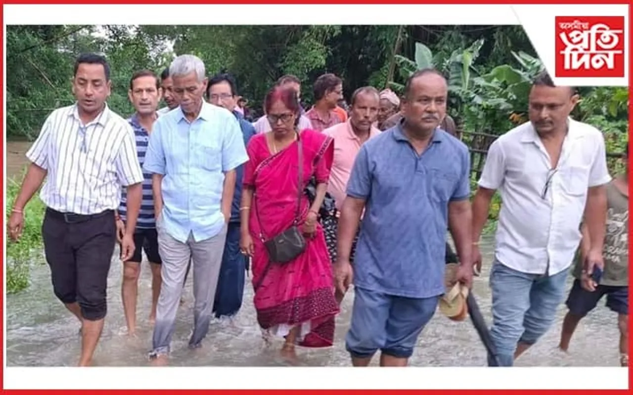কৰ্দৈগুৰী-বৰমা পথৰ ওপৰেদি বৈছে পানী : ক্ষয়-ক্ষতিৰ বুজ ল'লে সাংসদ ফণীভূষণ চৌধুৰীয়ে  
