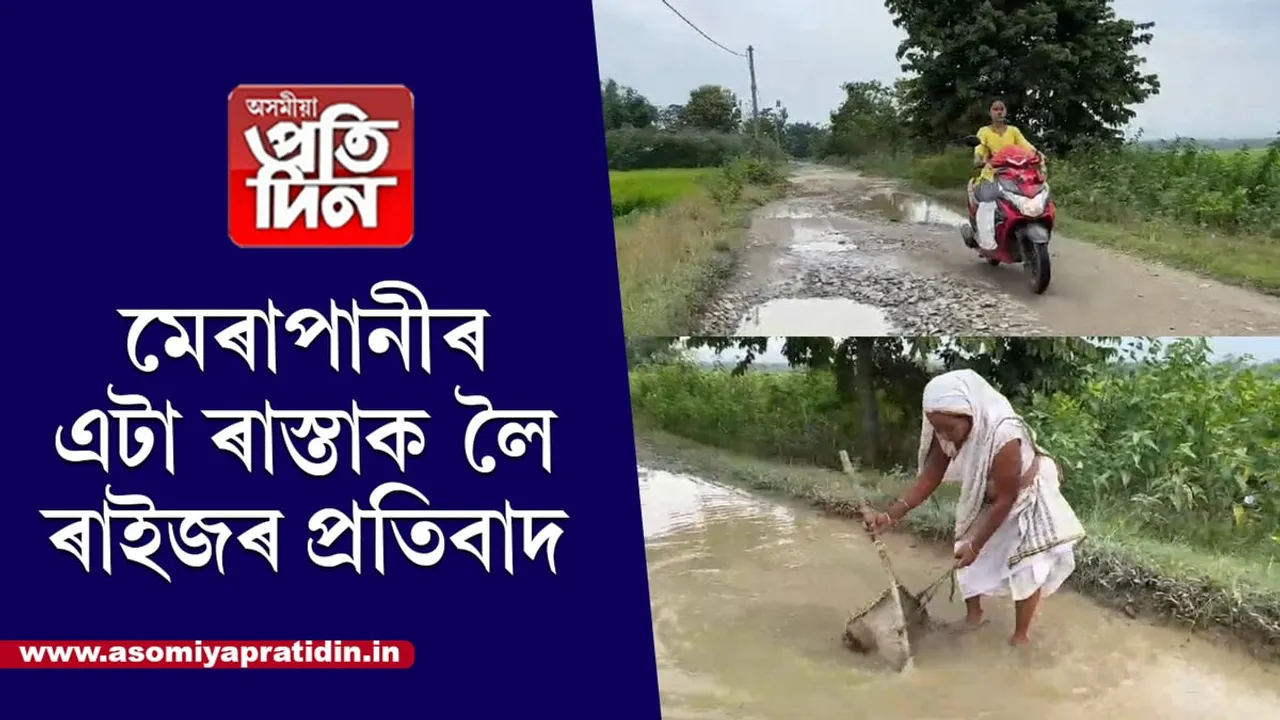 জৰাজীৰ্ণ পথৰ ওপৰত জাকৈ বাই, জাল মাৰি অভিনৱ প্ৰতিবাদ সাব্যস্ত মেৰাপানীত...