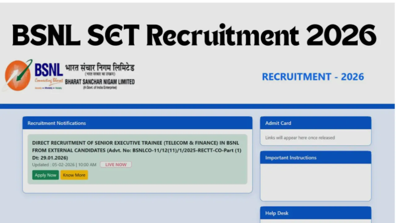 BSNL SET Recruitment 2026 Senior Executive Trainee Vacancy 120 know last date hindi news zxc