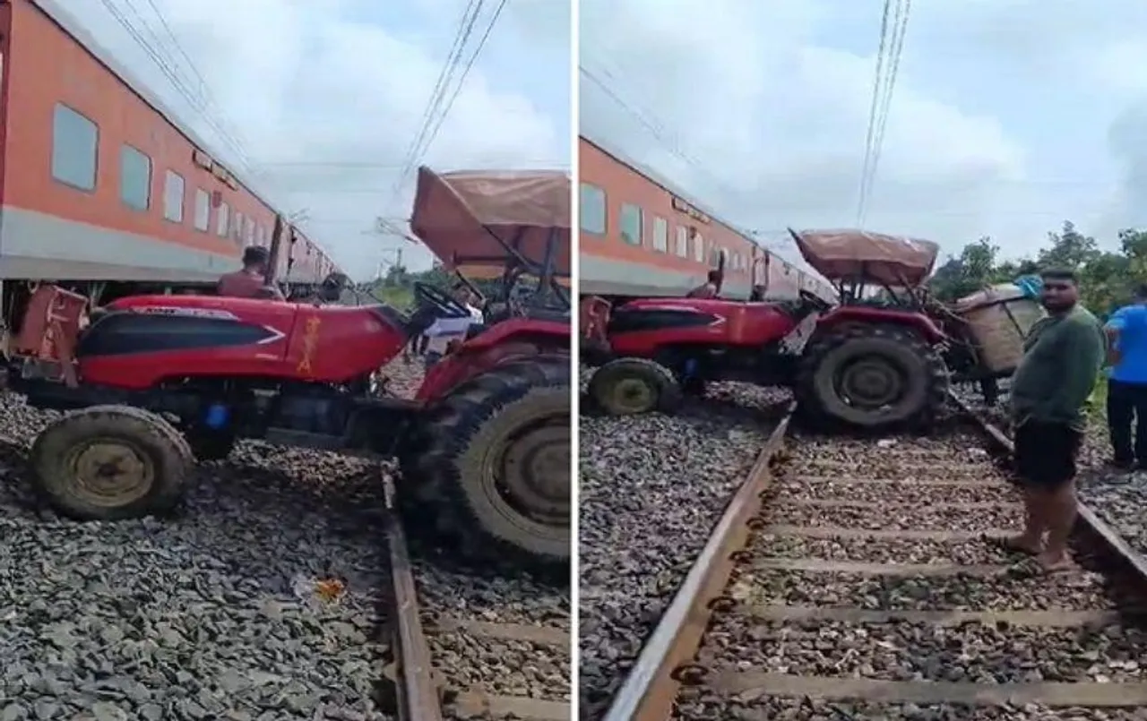रेलवे ट्रैक पर फंसा ट्रैक्टर: सोमनाथ एक्सप्रेस को रोका, दूसरी तरफ से आ रही ट्रेन को रोकने के लिए चलाए पटाखे