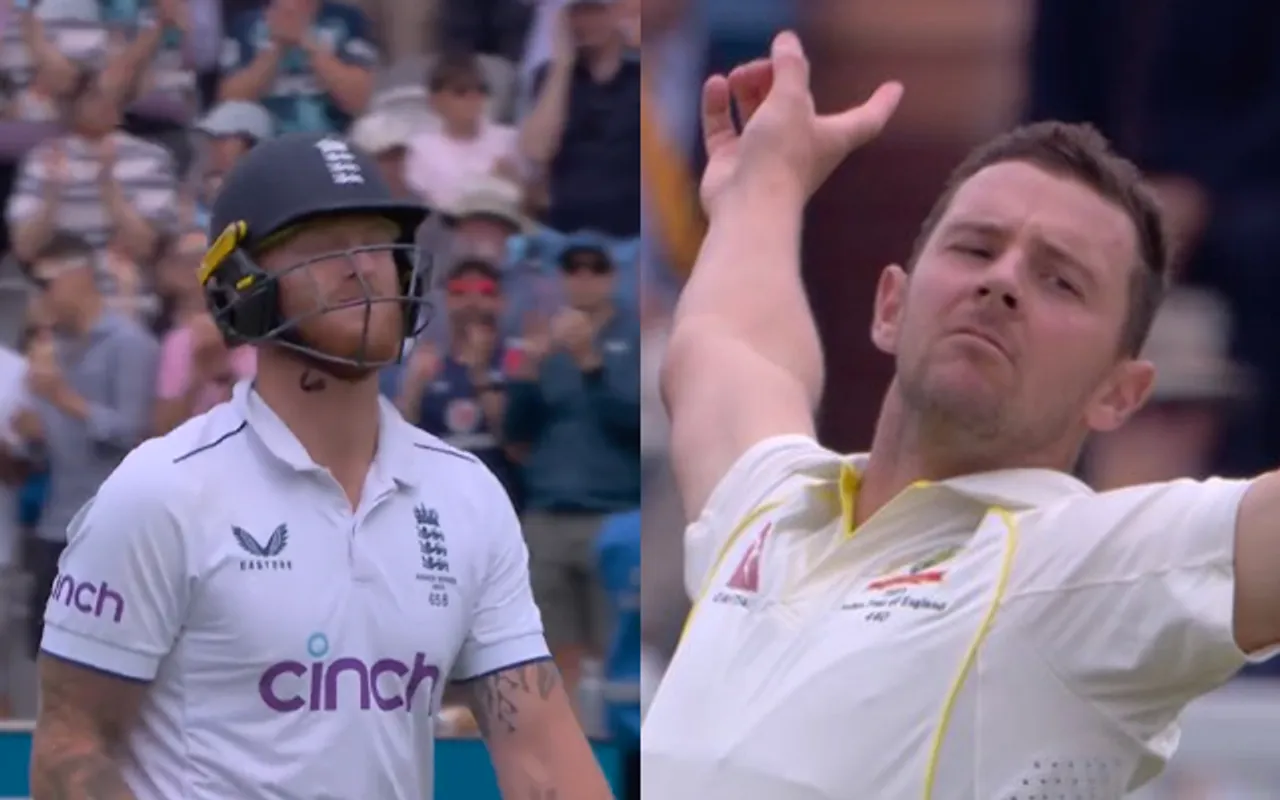 Ben Stokes and Josh Hazlewood (Source - Twitter)