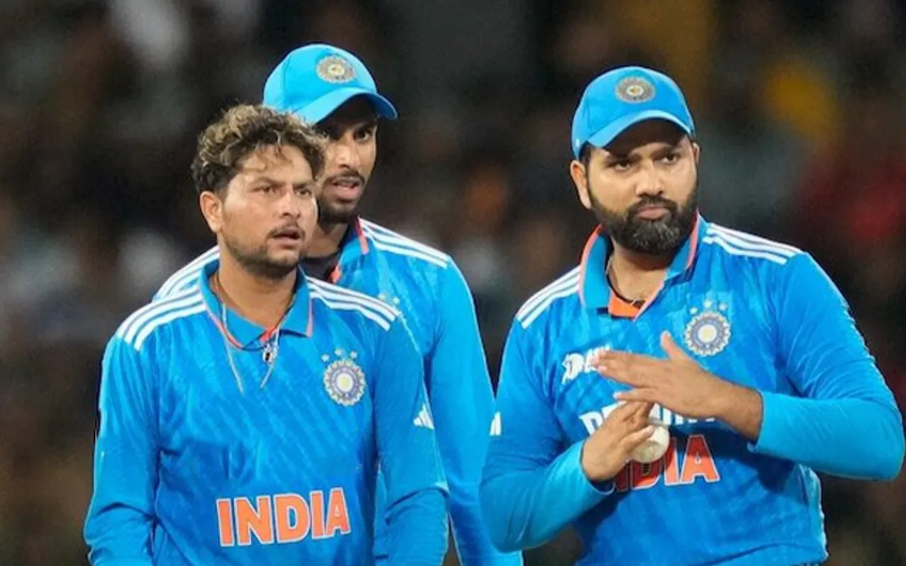 Kuldeep Yadav, Tilak Varma and Rohit Sharma during Asia Cup 2023