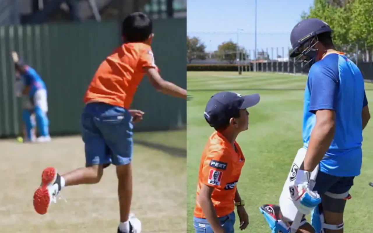 A kid bowling to Rohit Sharma in the net session
