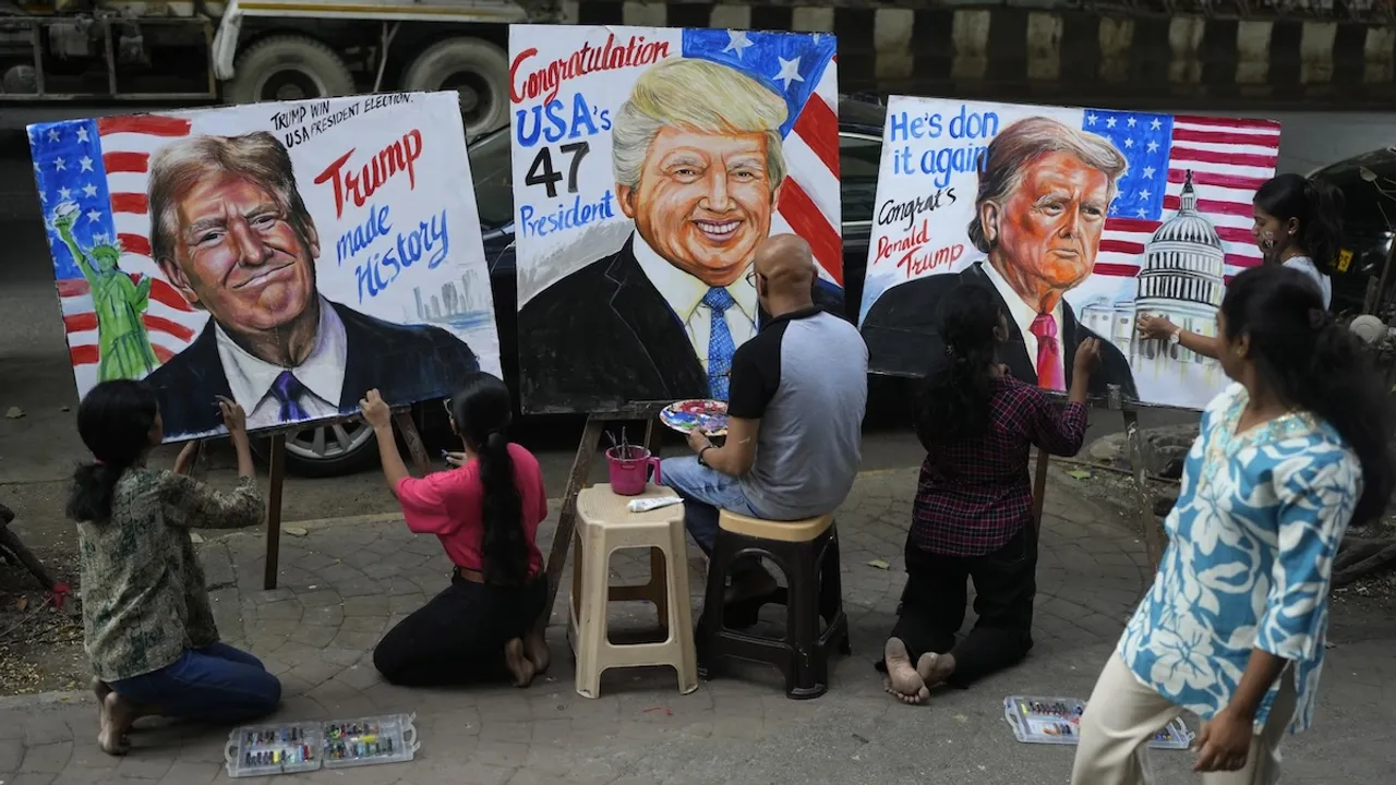 Students of Gurukul School of Art paint portraits of US President-elect Donald Trump on Wednesday, Nov 6, 2024.