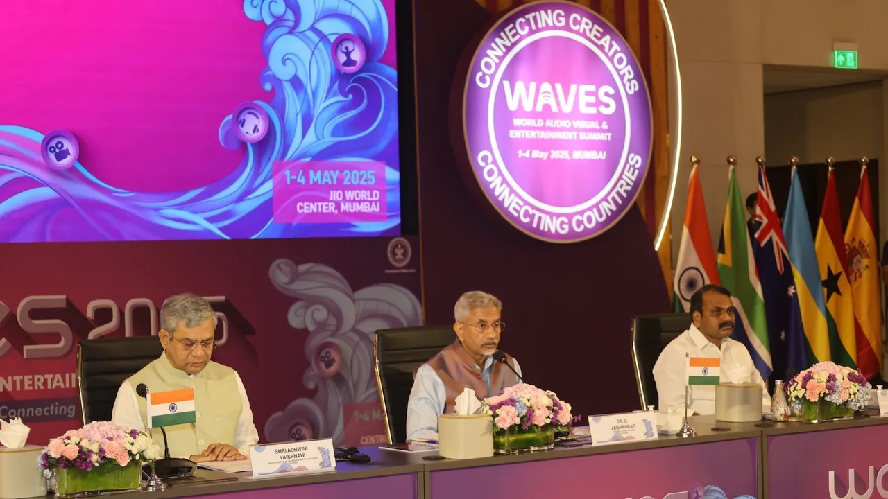 (L-R) Ashwini Vaishnaw, S Jaishankar and L Murugan at the Global Media Dialogue at WAVES 2025 in Mumbai on Friday, May 2, 2025.