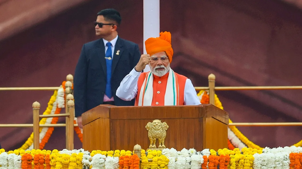 Prime Minister Narendra Modi addresses the nation from the Red Fort on the occasion of the 79th Independence Day, in New Delhi, Friday, Aug. 15, 2025.