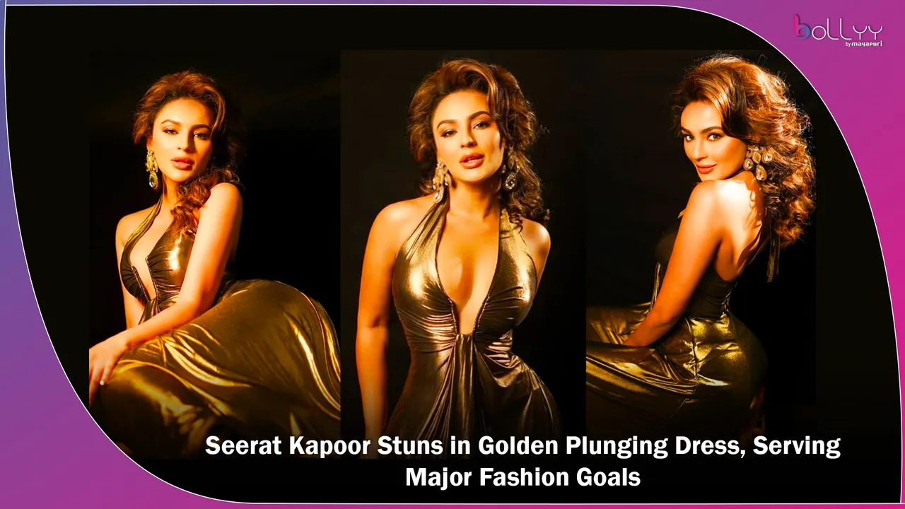 Seerat Kapoor Stuns in Golden Plunging Dress