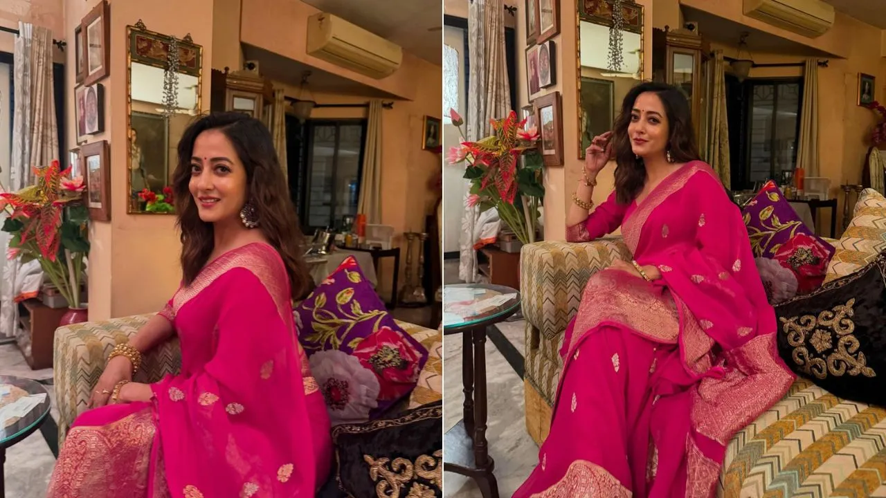Raima Sen Dazzles in Pink Banarasi Sari for Durga Puja Celebrations
