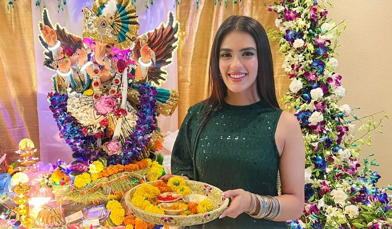 Actress Kavya Thapar looks exquisite as she gets into the festive spirit seeks blessings of Bappa amid her debut release of Middle-Class Love