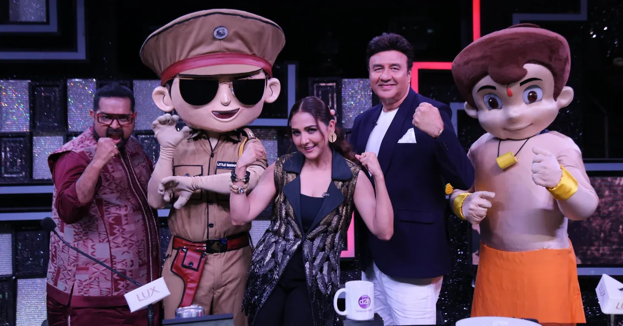 Little Singham and Chhota Bheem with the judges Shankar Mahadevan, Neeti Mohan and Anu Malik on Sa Re Ga Ma Pa Li'l Champs