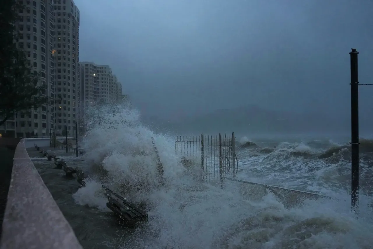 Waves triggered by Super Typhoon Ragasa shatter glass doors, flood Hong Kong hotel lobby