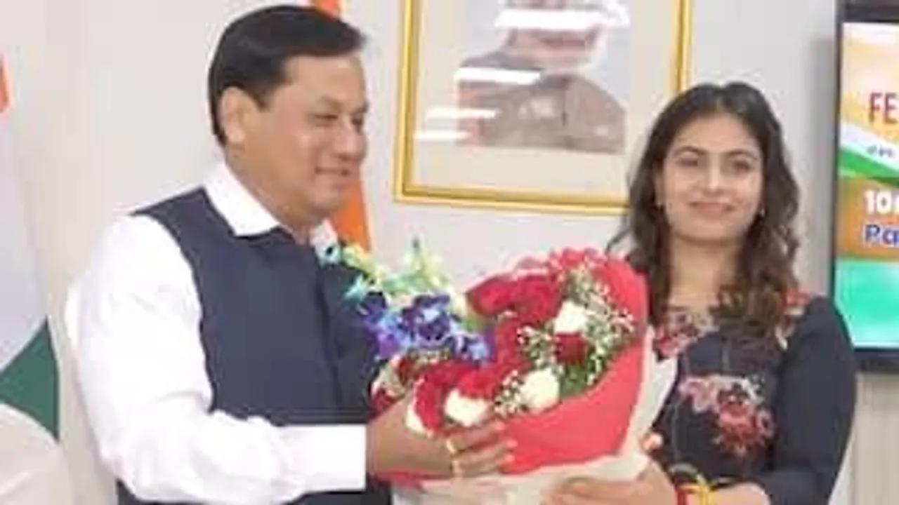 Union Minister Sarbananda Sonowal felicitates Paris Olympics bronze medalist Manu Bhaker