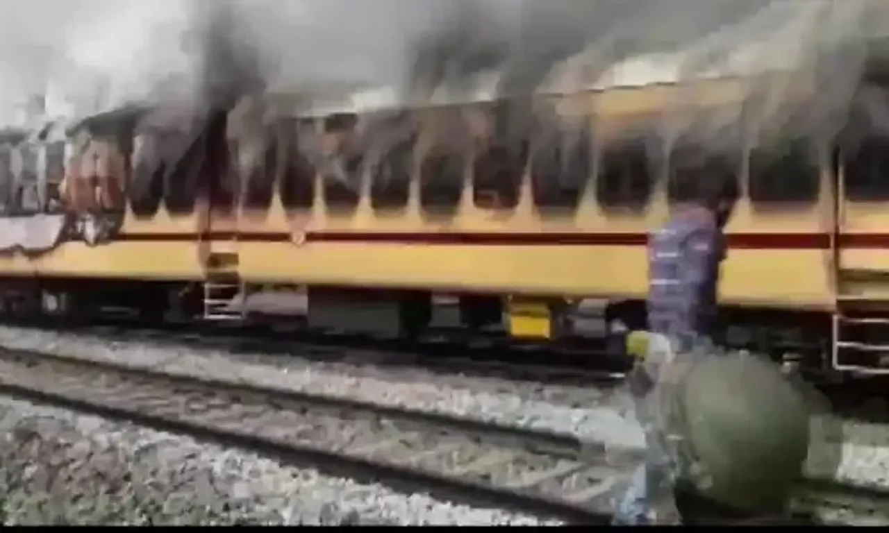 Railway Recruitment Board's NTPC exam: Protesters set fire to a train's coach in Gaya, Bihar.