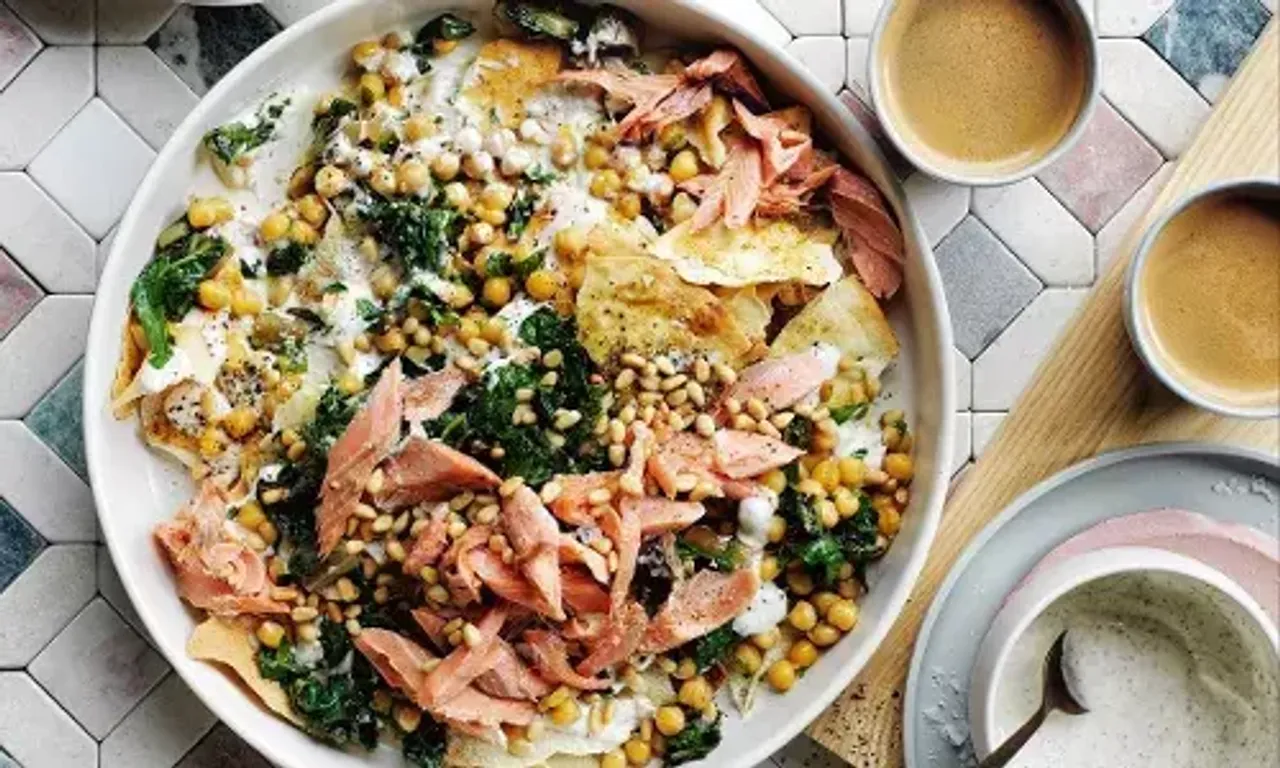 Silverbeet fatteh with sumac yoghurt and chickpeas, a healthy dinner to make