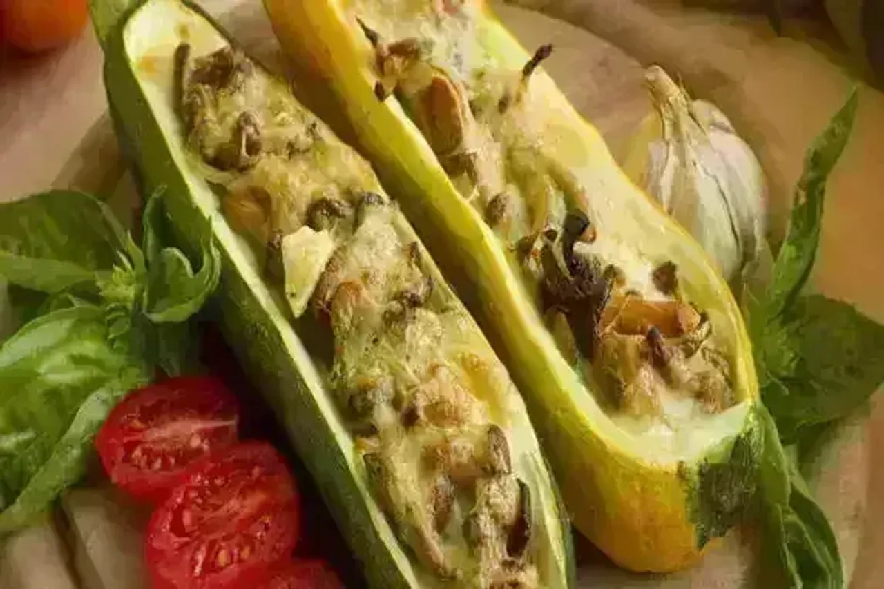 Quinoa stuffed zucchini in Sago sauce Recipe: A quick and delicious delicacy made with the goodness of zucchini, quinoa, sago, almond milk and veggies