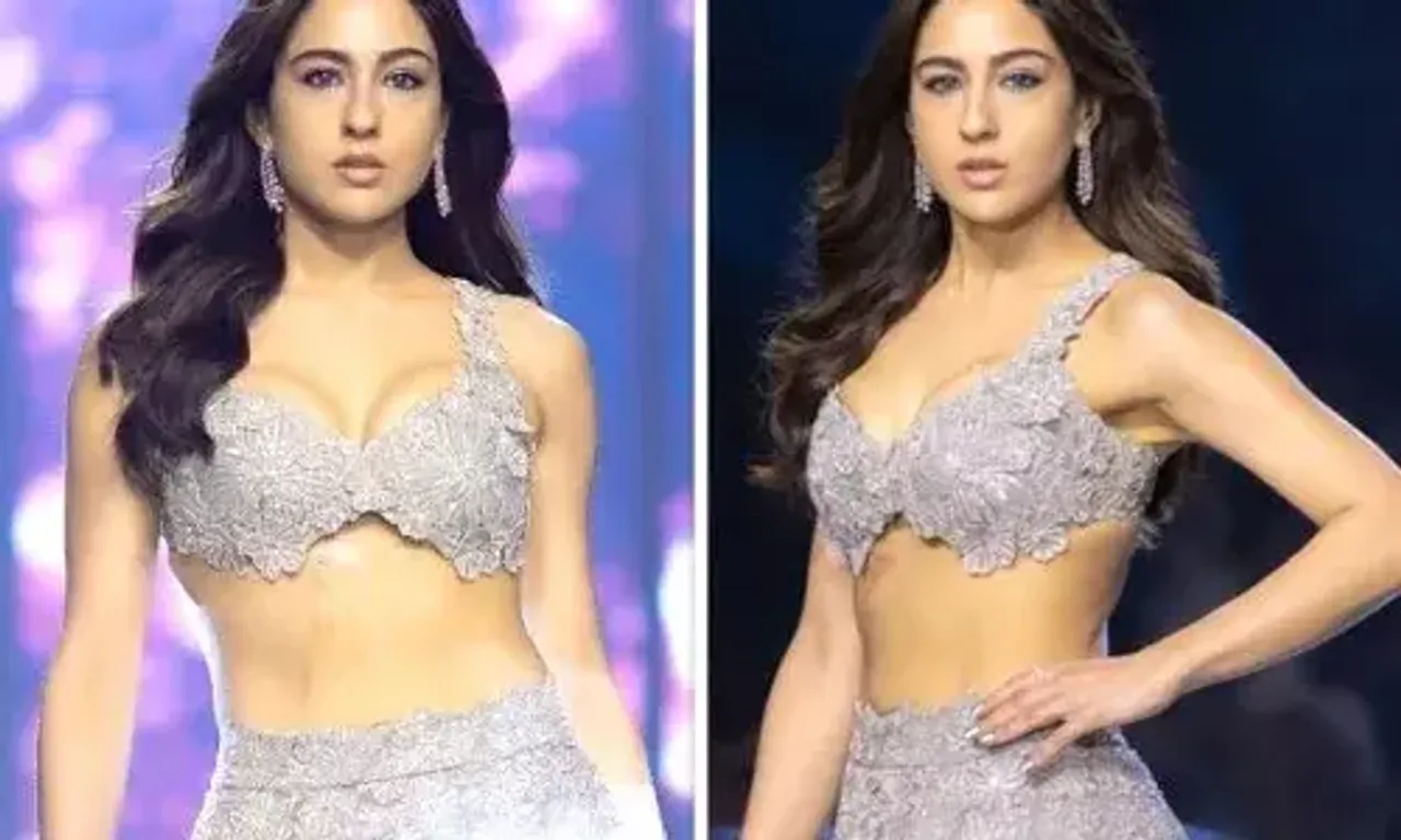 Sara Ali Khan flaunts her burn marks in pearl grey embroidered lehenga by Varun Chakkilam at Lakme Fashion Week 2024