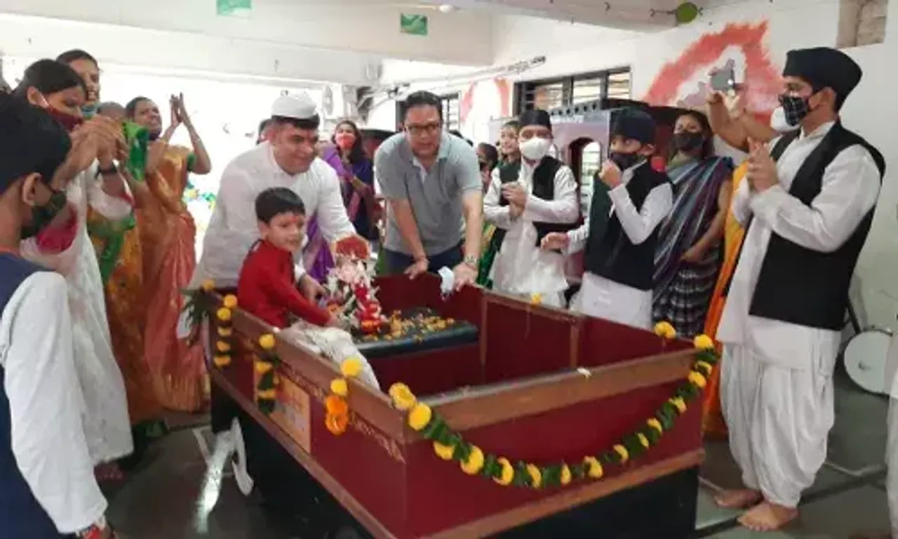 Eco friendly Lord Ganesh visarjan by My Apple School Sanskar Foundation in Campus