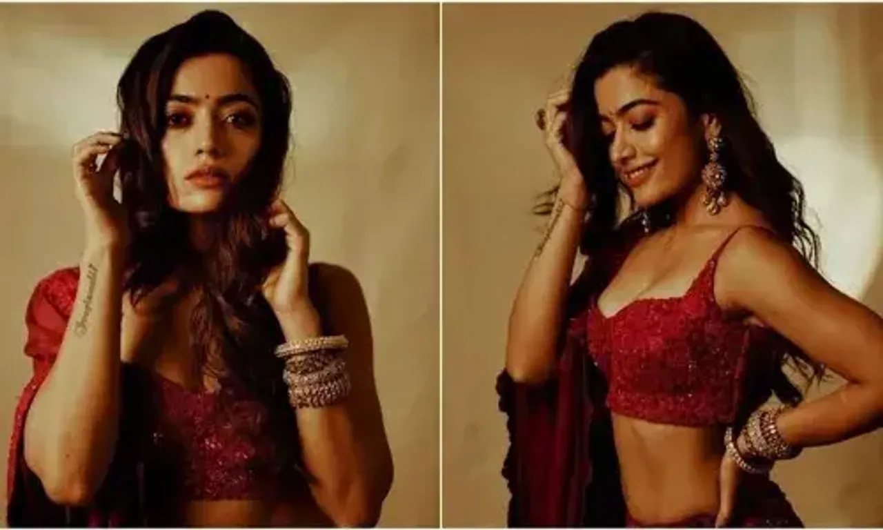 Rashmika Mandanna looks dreamy in beautiful red lehenga and deep-neck blouse