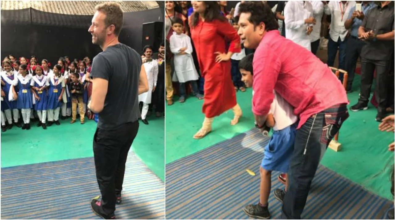 Sachin, Chris Martin meet school students