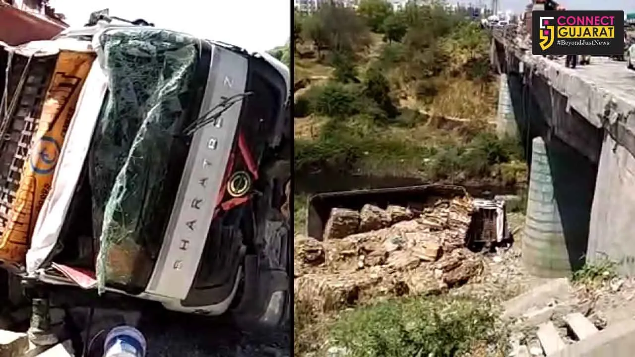 Truck fell inside dry river bed, driver safe