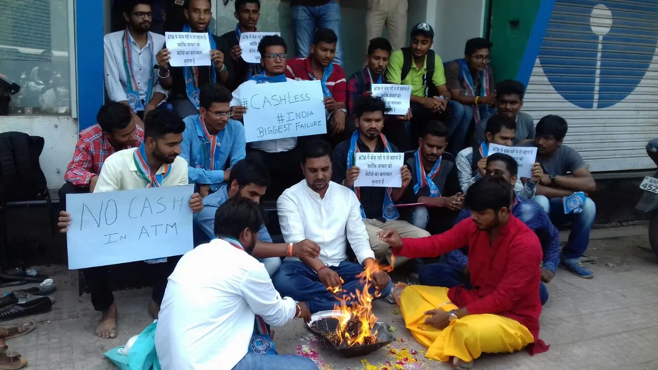 NSUI members organised Hawan in view of the cash crunch inside ATM’s