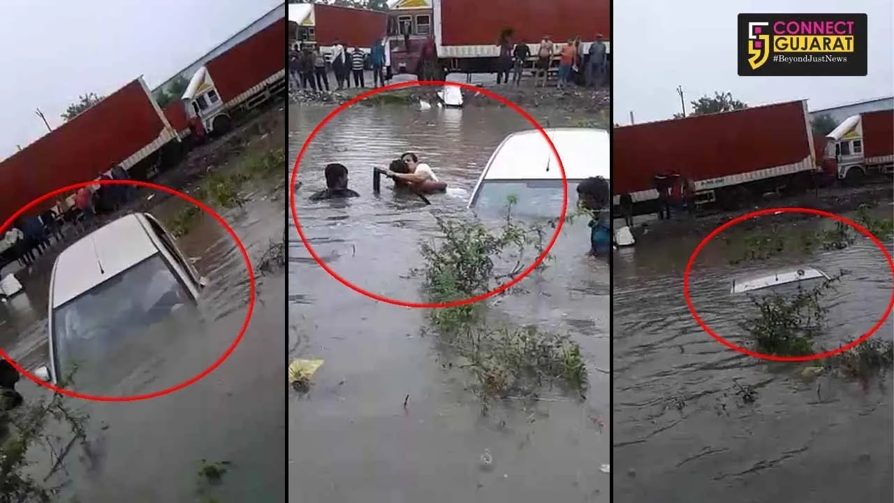 Shocking visuals of car immersed in flood water caught on camera