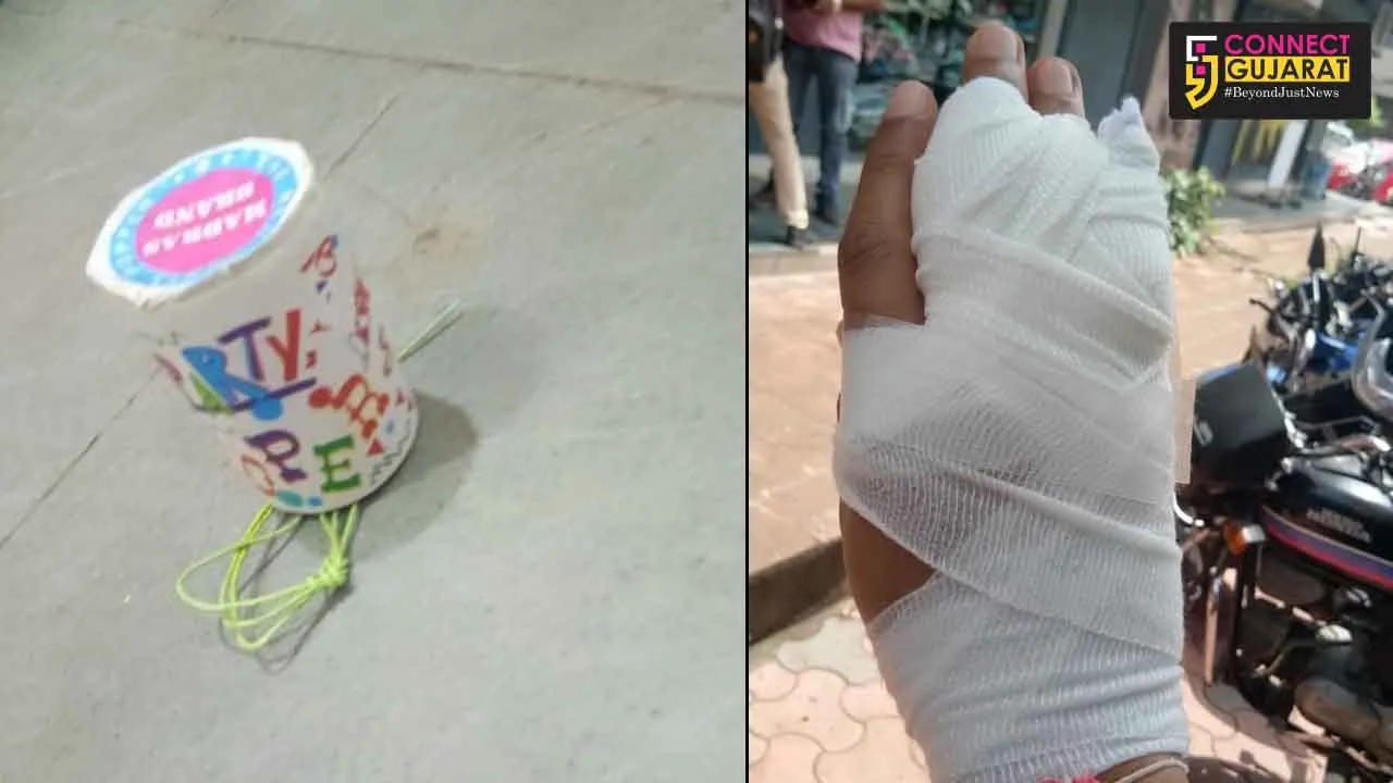 A Chinese made party bomber blast in the hand of a person in Vadodara