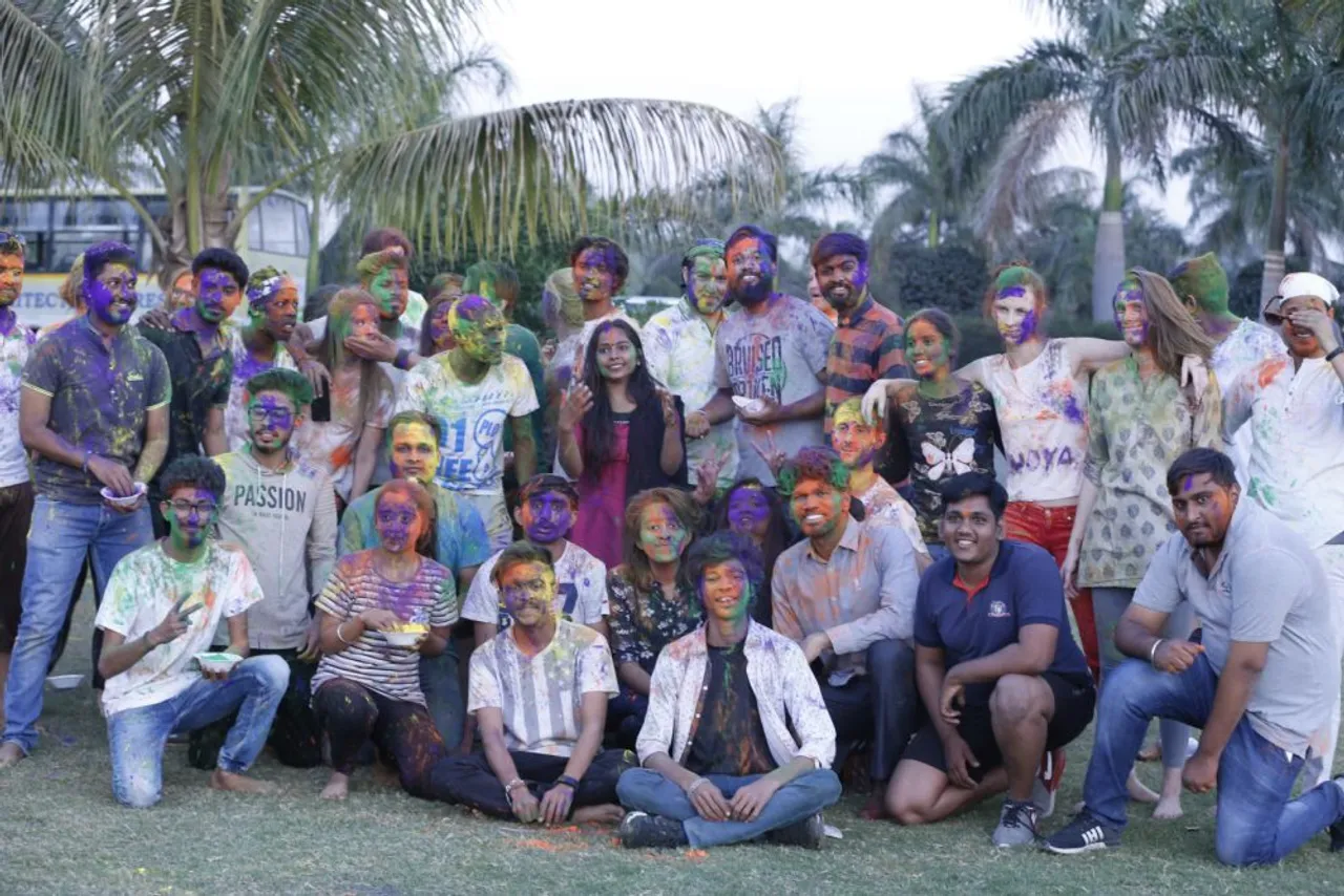 Holi Celebration with Students from Switzerland, Czech Republic and Russia at Parul University