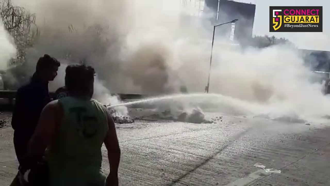 BJP flags, leaflets burnt in a fire on Vadodara expressway toll plaza
