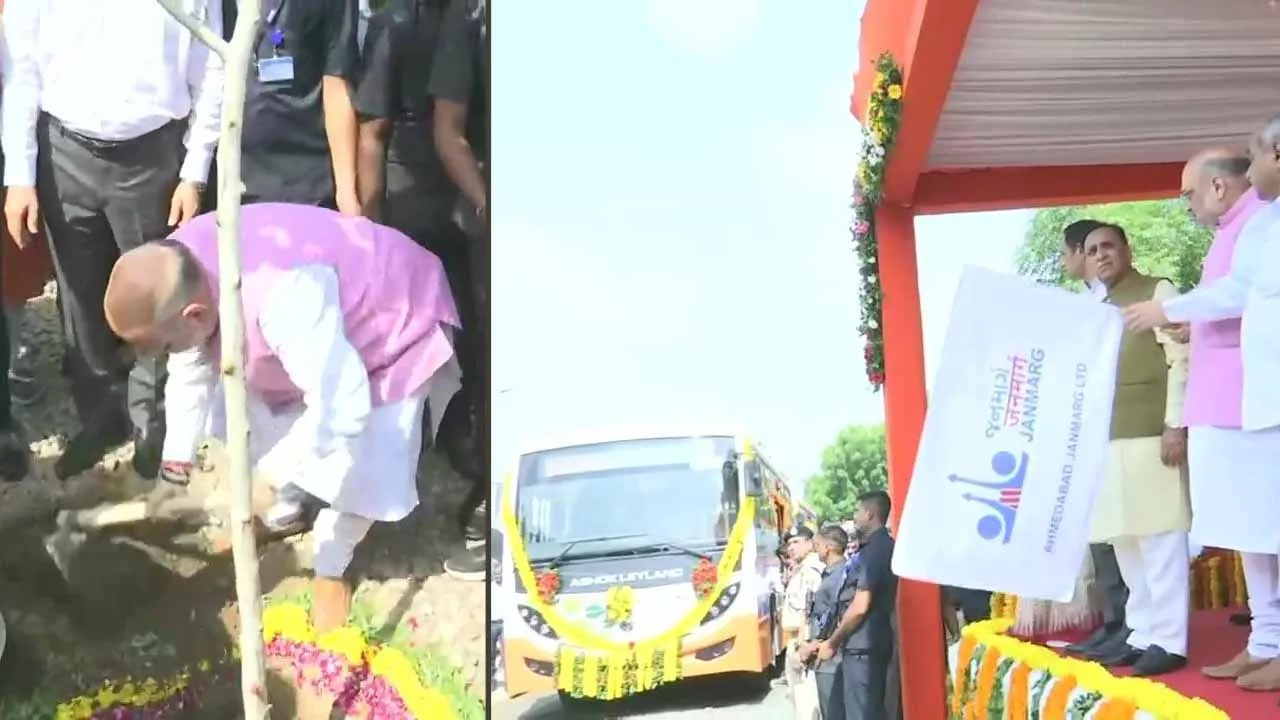 Home Minister Amit Shah flags off battery-operated eco-friendly buses in Ahmedabad, takes part in tree plantation drive