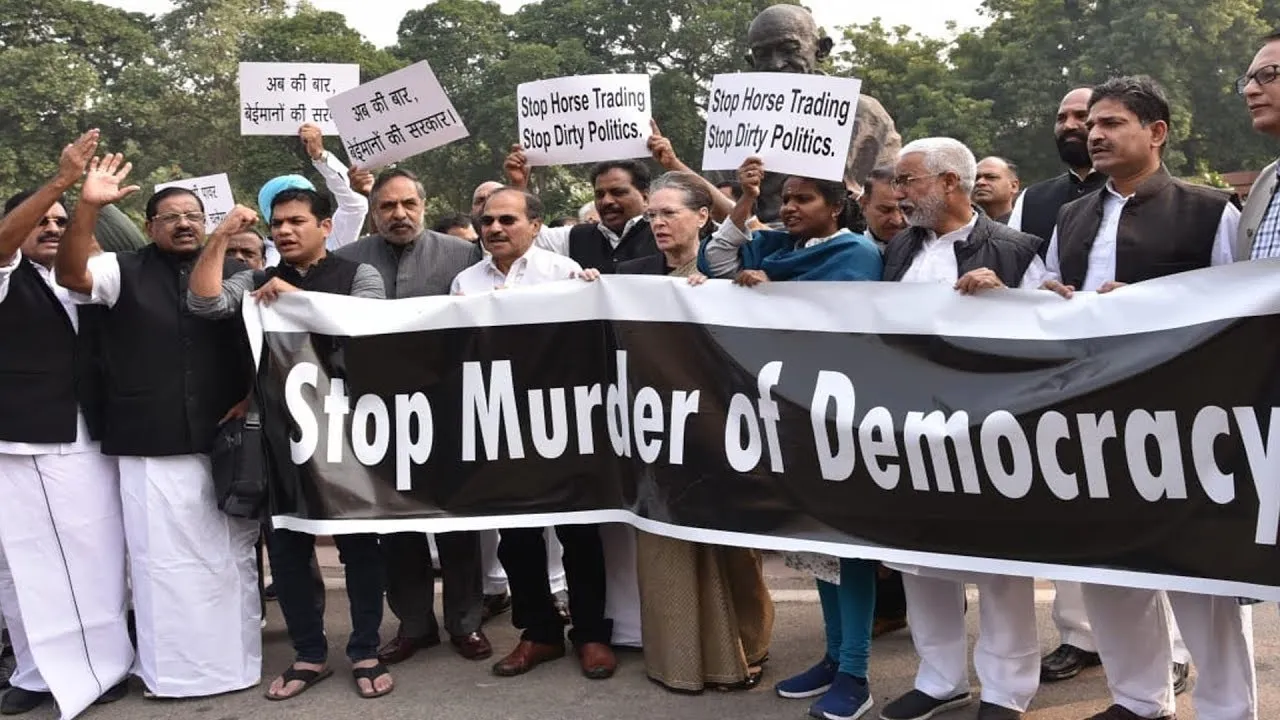 Congress on protest outside Parliament premises against BJP’s move to form govt in Maharashtra
