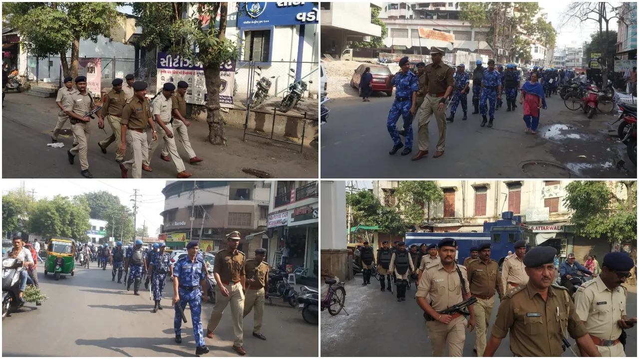 Vadodara police and RAF done foot march in sensitive areas of Vadodara