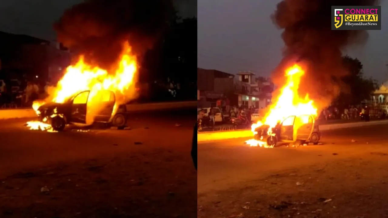 Close shave for lady as car suddenly caught fire in Vadodara