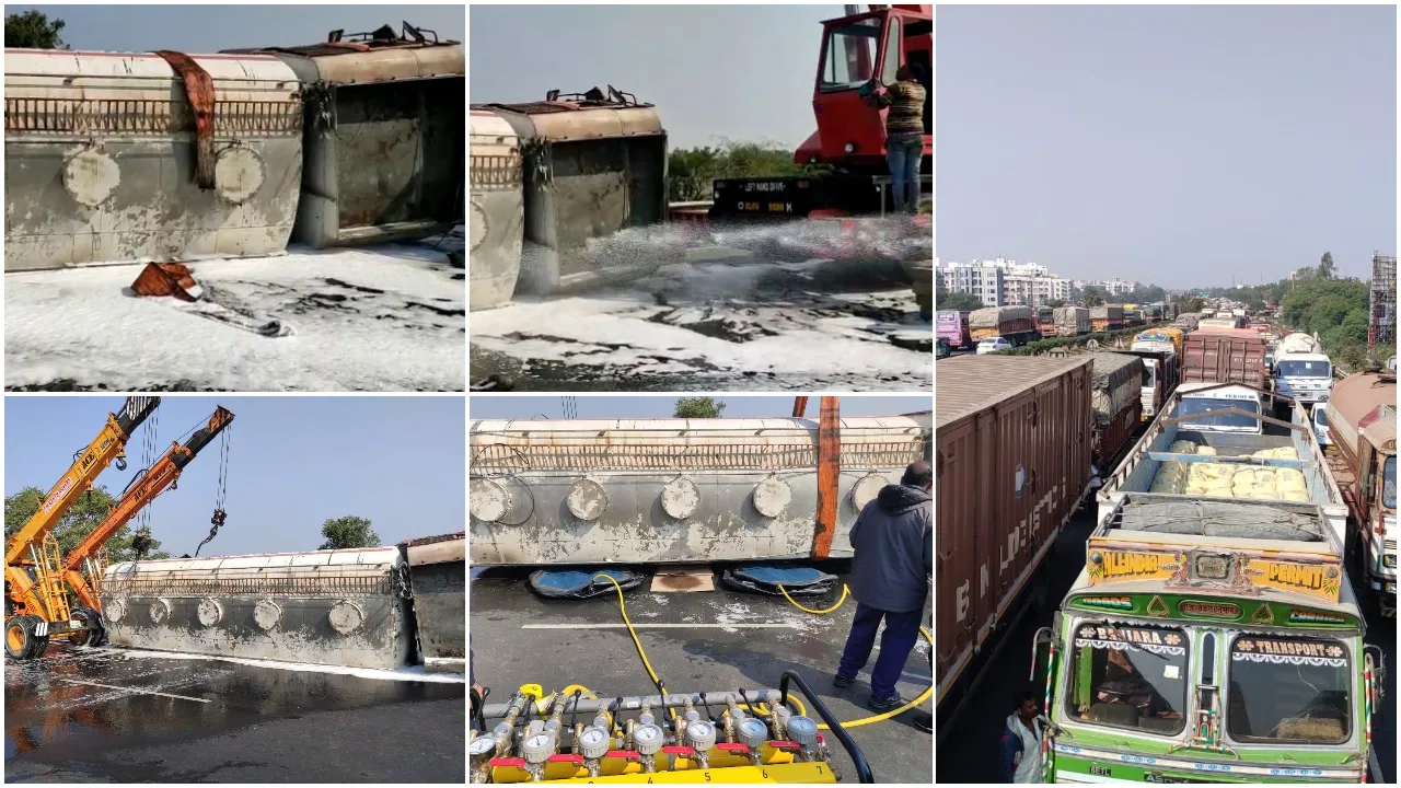 Heavy Traffic jam witnessed on national highway near Vadodara after chloroform truck turned turtle
